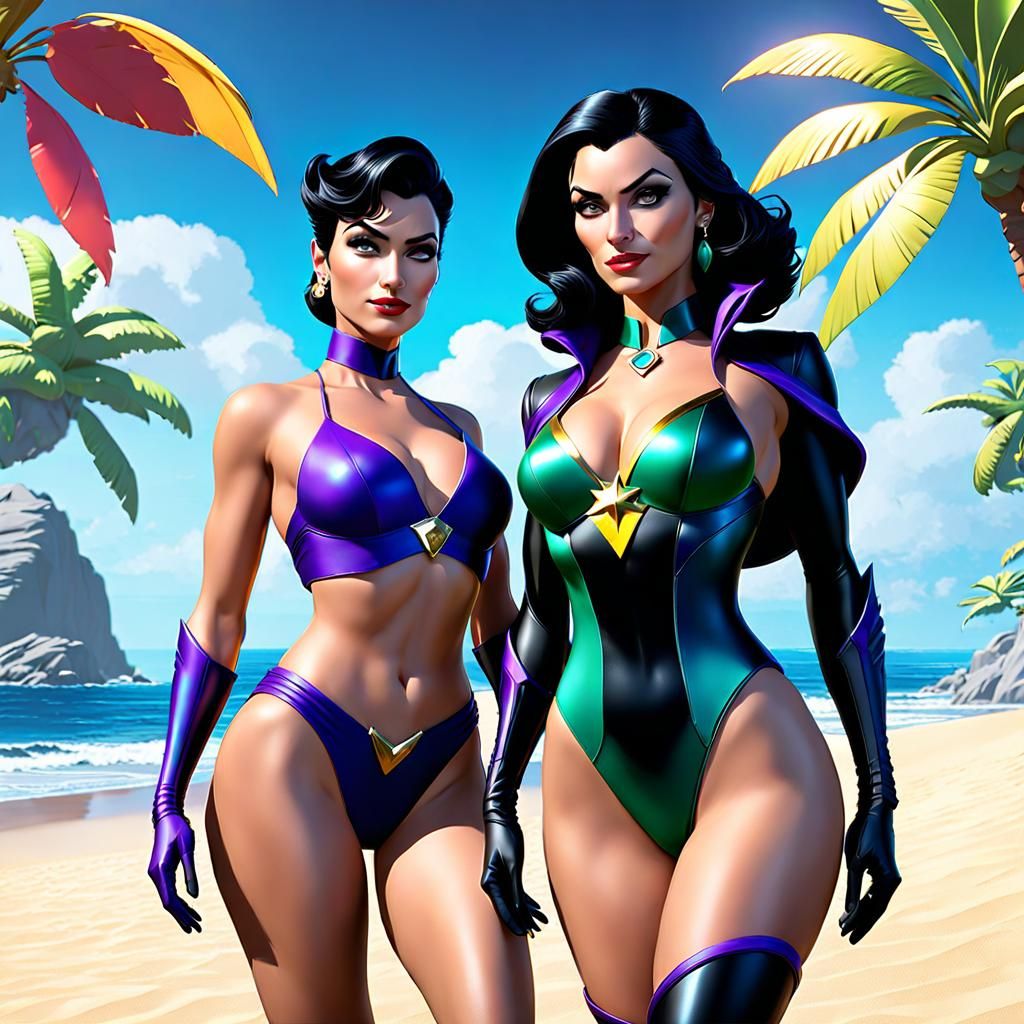 Diana and Selina on the Beach: 3D Digital Art