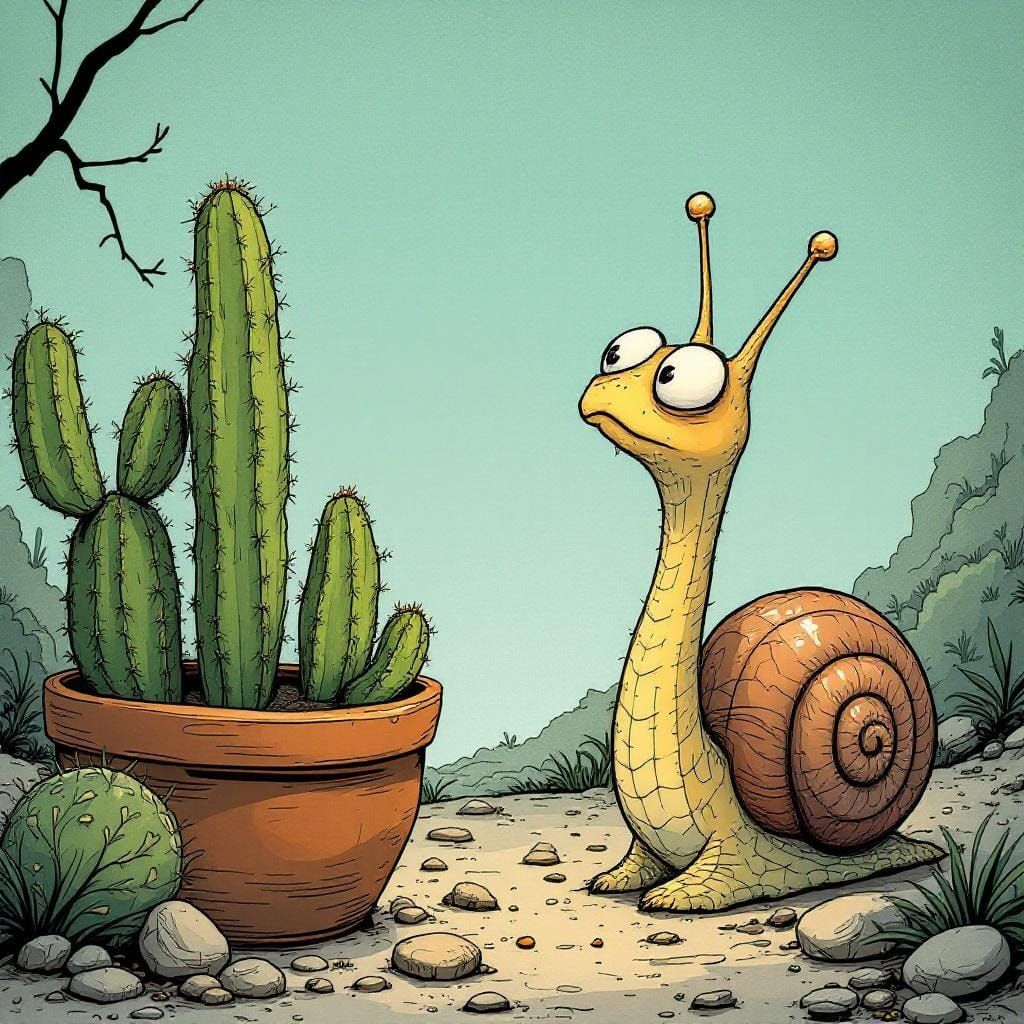Curious Snail Gazing at Cactus Comic Illustration