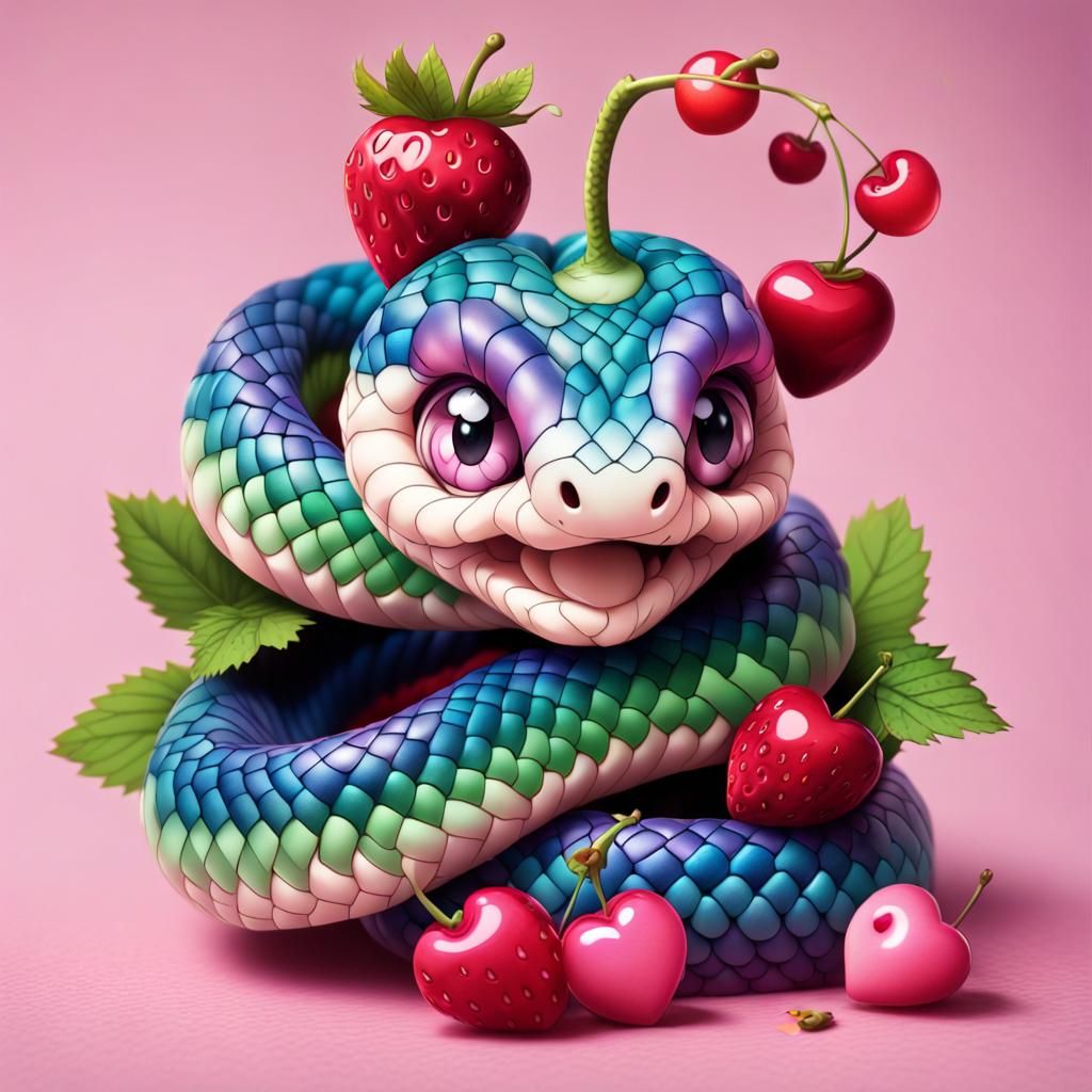 Colorful Chibi Snake Coiled Around Strawberry