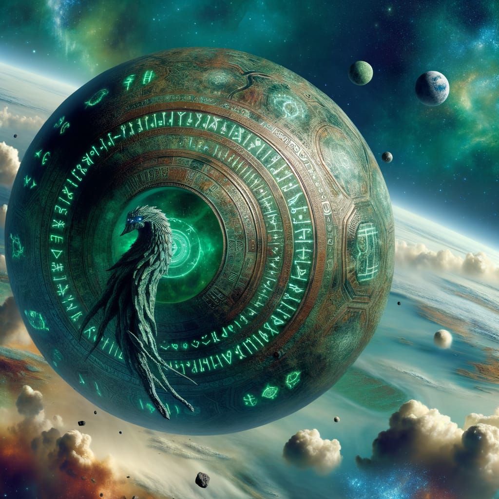 Leviathan Orbiting Solar System with Glowing Runes