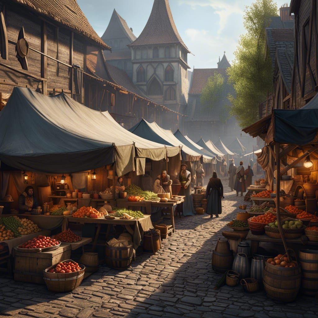 Vibrant Medieval Market in Van Gogh Style