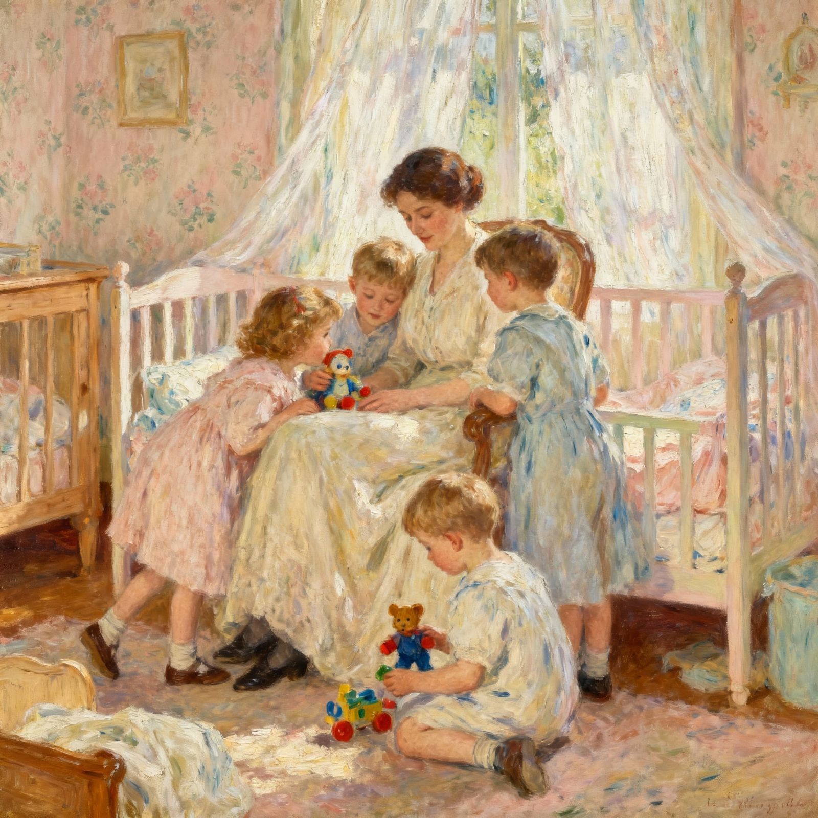 Nurturing Mother with Children in Warm Nursery