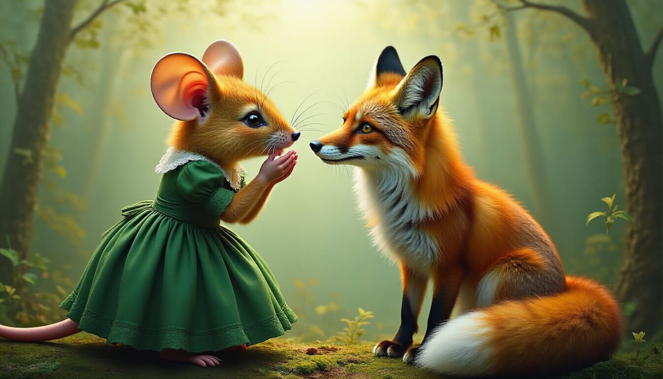 Mouse Whispering Secret to Fox, Surreal Mixed Media