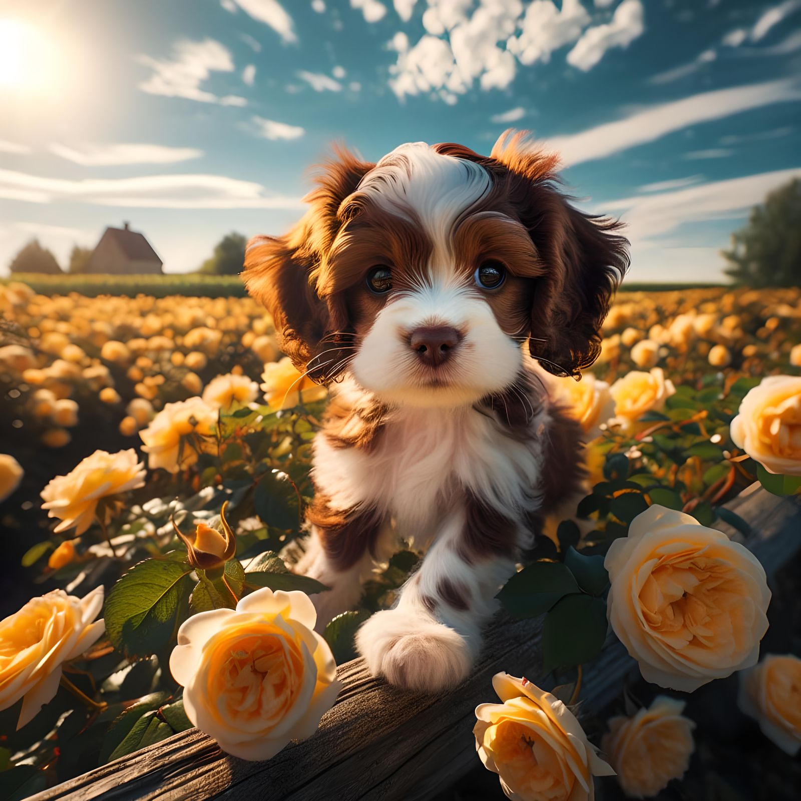 Puppy's Joyful Romp in a Sunny Rose Field