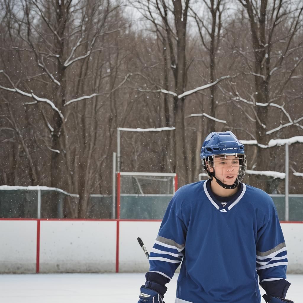 Teenage Hockey Player on Winter Rink