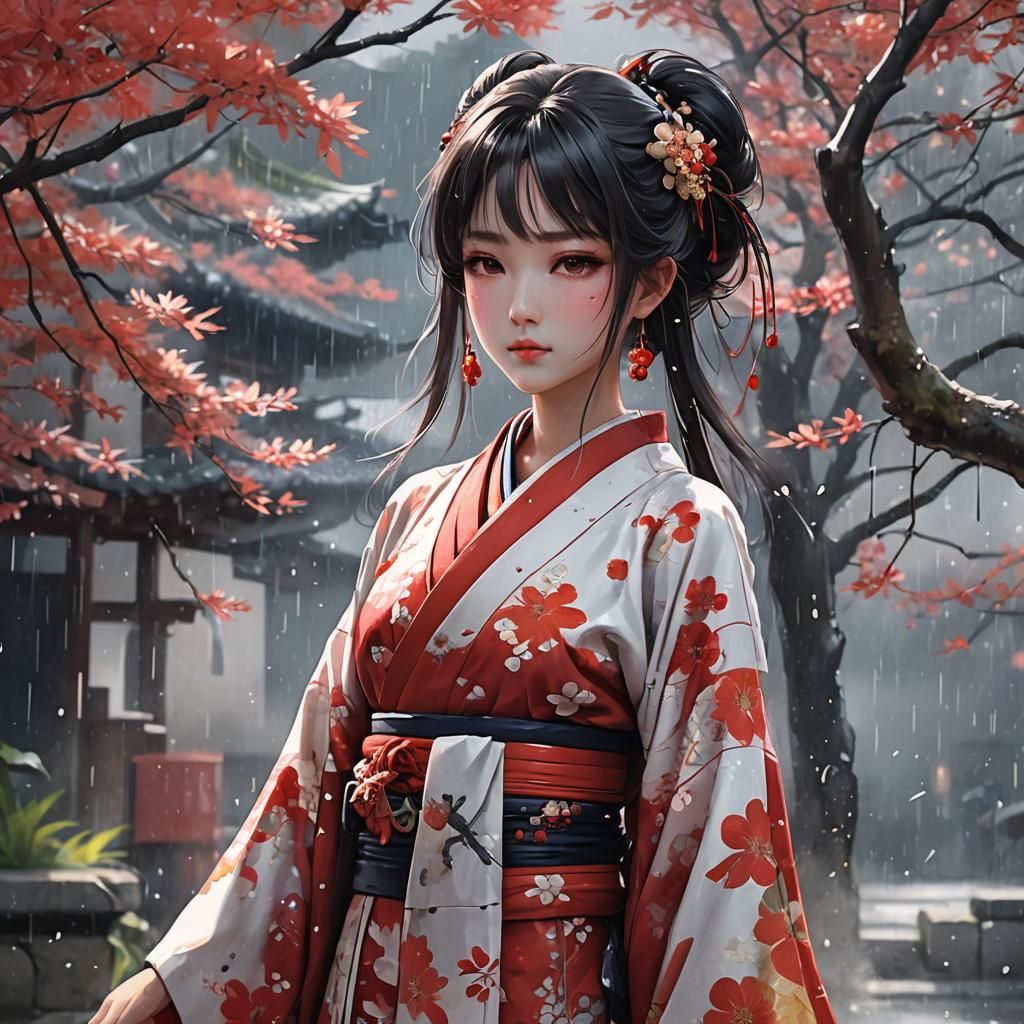 Anime Girl in Kimono, Watercolor Style