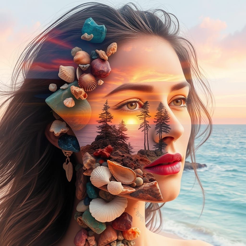 Dreamy Seaside Scene in Double Exposure Style