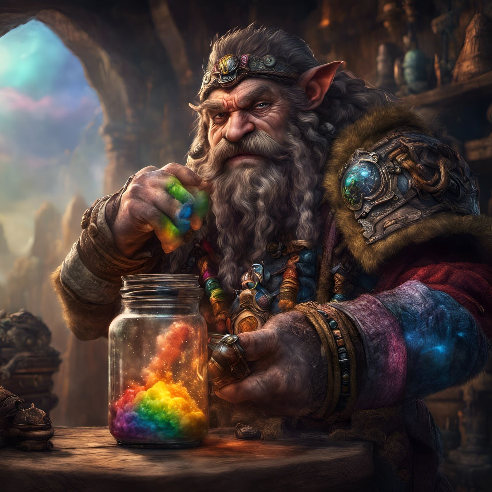 Hyperrealistic Dwarf Warrior Holding Rainbow in Jar