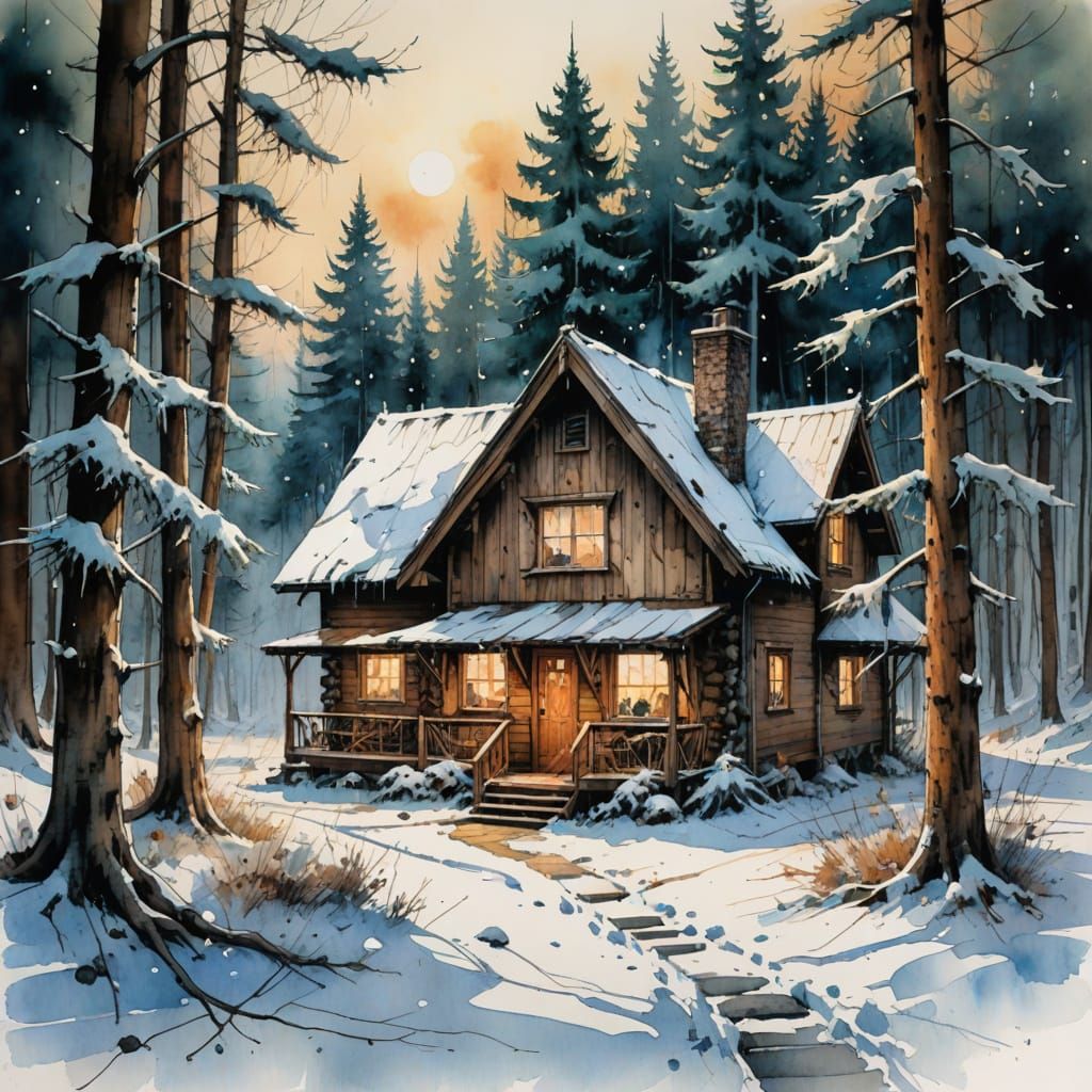 Cozy Cabin in Snow-Covered Forest, Watercolor Style