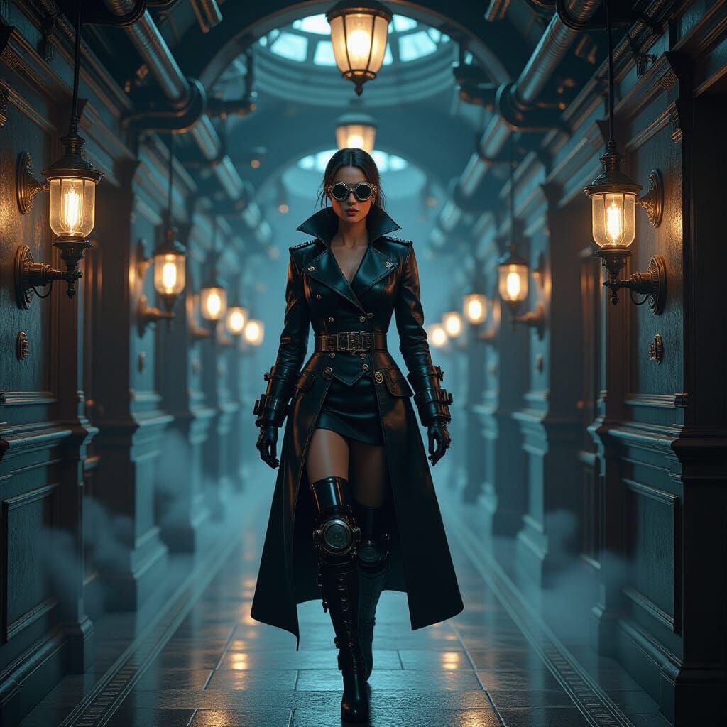 Clockwork Woman in Ornate Hallway