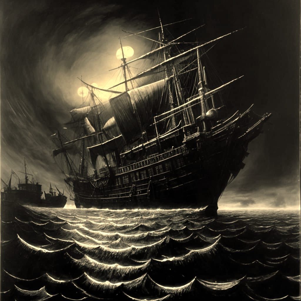 Ghost Pirate Galleon in Surreal Dark Night