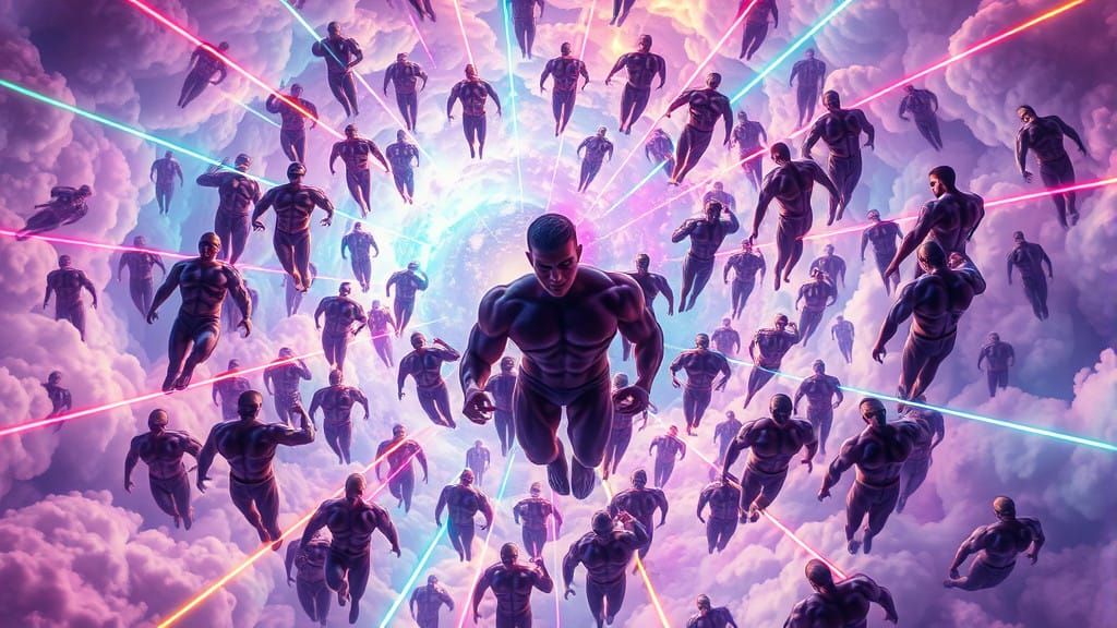 Hyperdynamic Aerial Scene of Glowing Muscular Figures in Neo...