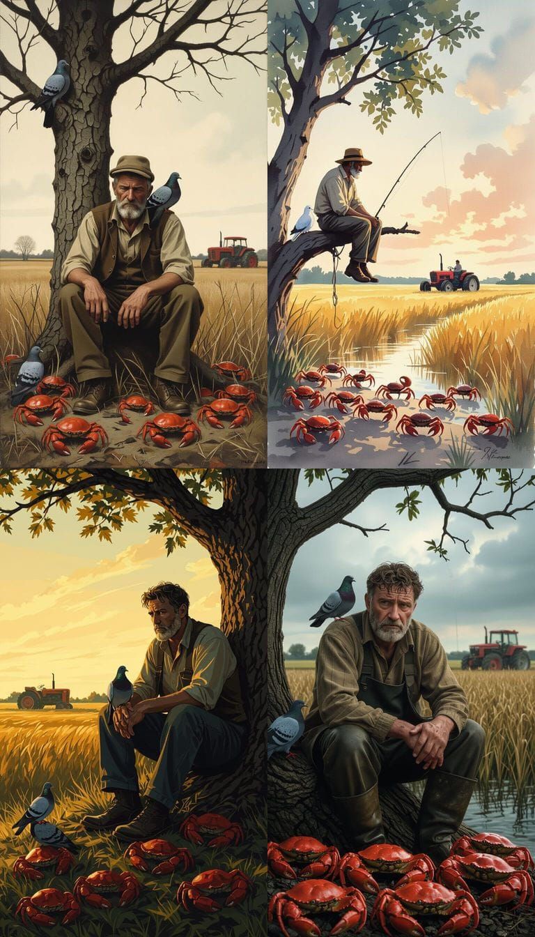 Man on Tree with Pigeon, Fearful Expression, Tractor in Fiel...