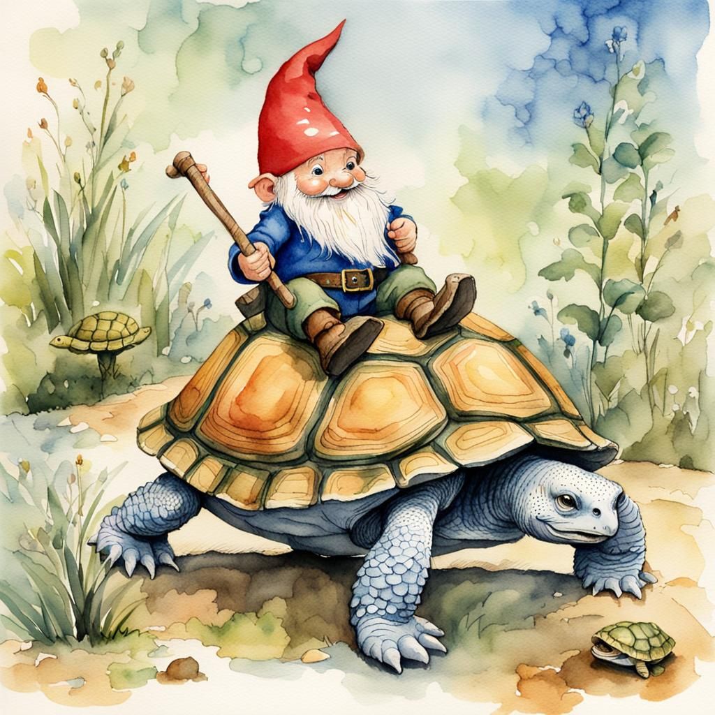 Gnome Rides Turtle: Cute Watercolor Illustration