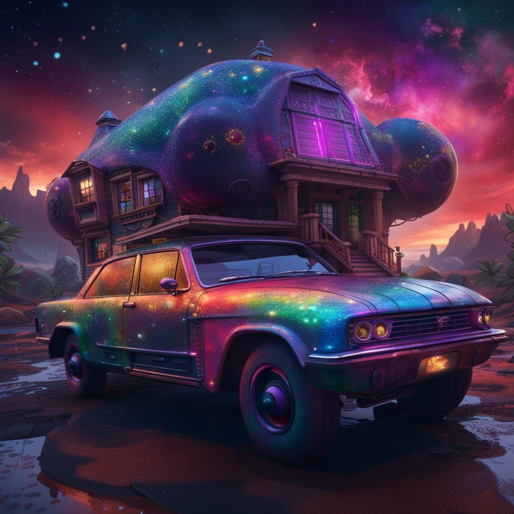 Galaxy Car with House, Detailed Matte Painting