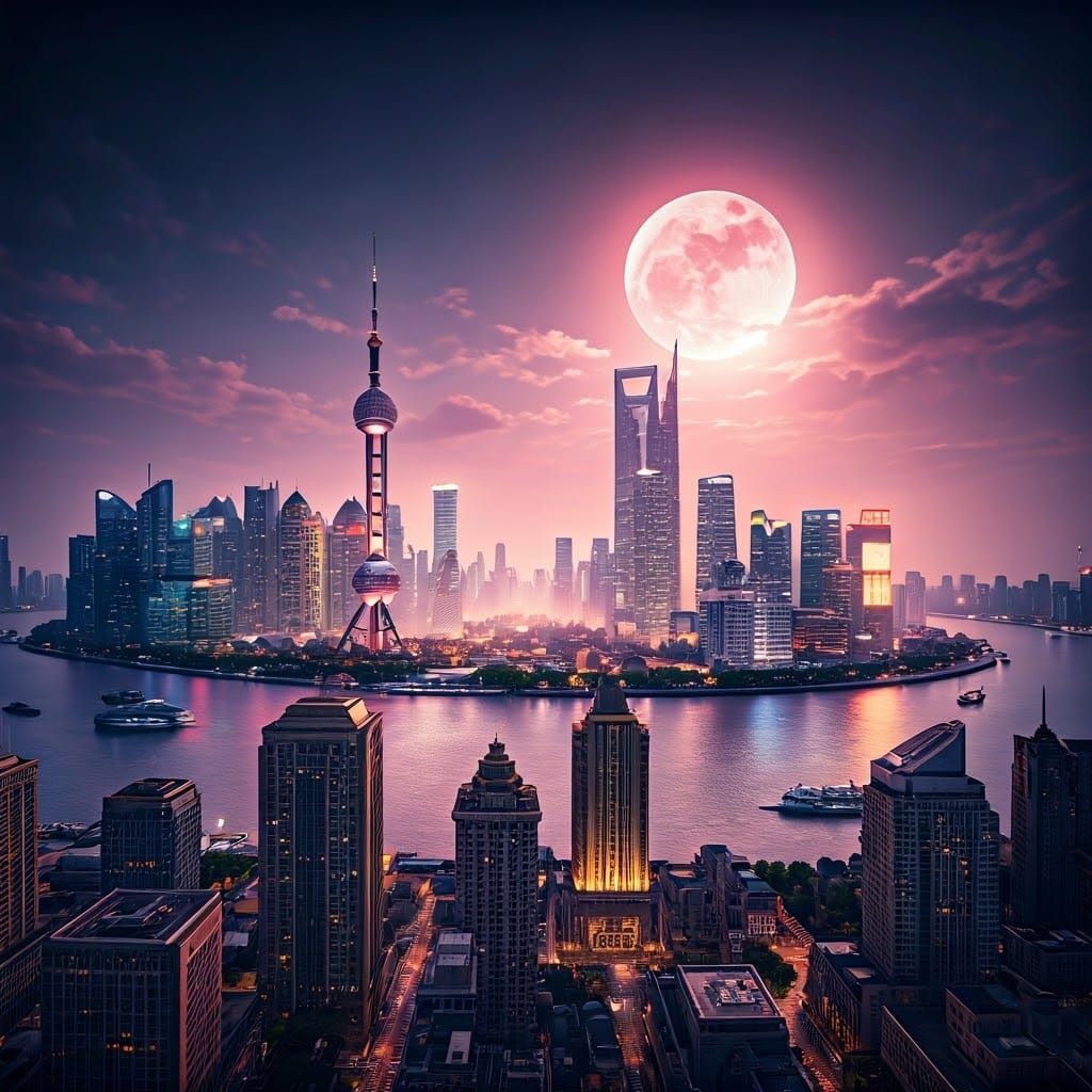 Shanghai Skyline at Night in 3D Game Style