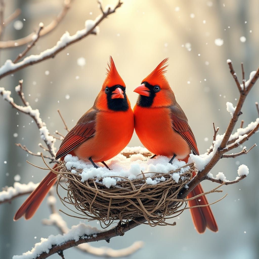 Elegant Cardinals in Snowy Winter Wonderland, in Whimsical W...