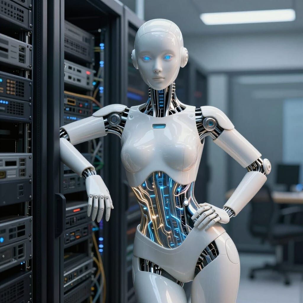 A hyper-realistic, cinematic of a next-generation "Physical AI" humanoid assistant in 2026. The android features a minim...