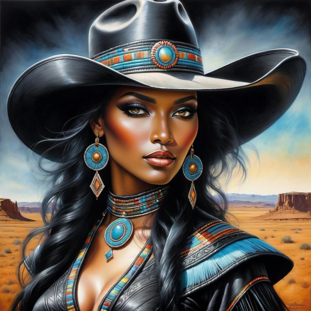Colorful Art Deco Cowgirl Portrait in Surreal Style