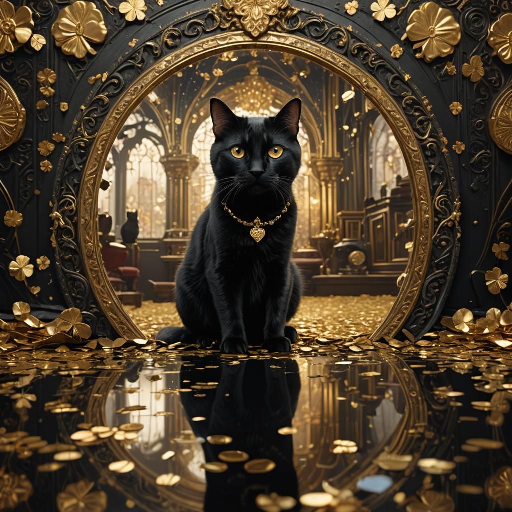 Black Cat Reflection in Baroque Clover Mirror