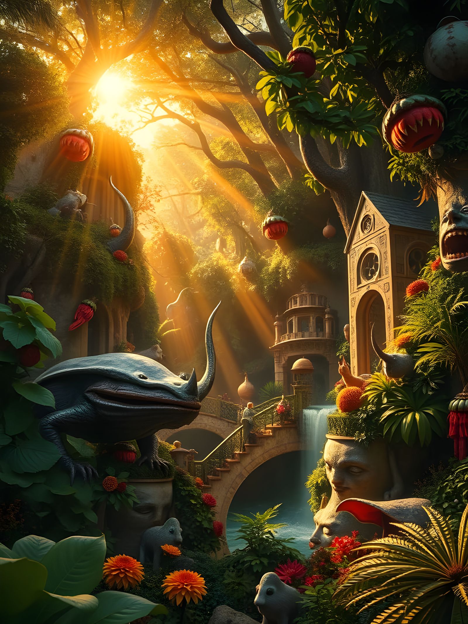 Surreal Nature Scene Inspired by Hieronymus Bosch