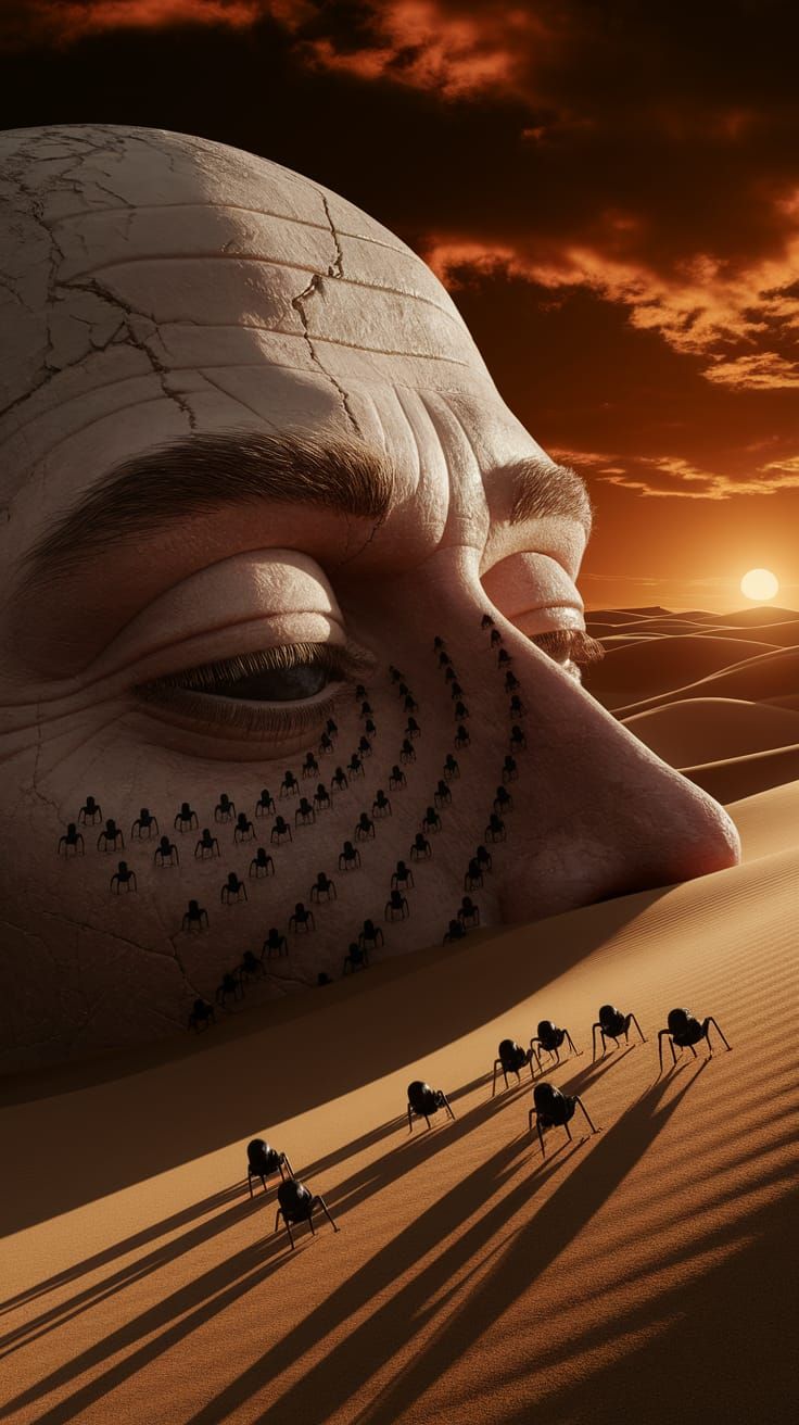 Surreal Desert Giant Face with Figures in Digital Art