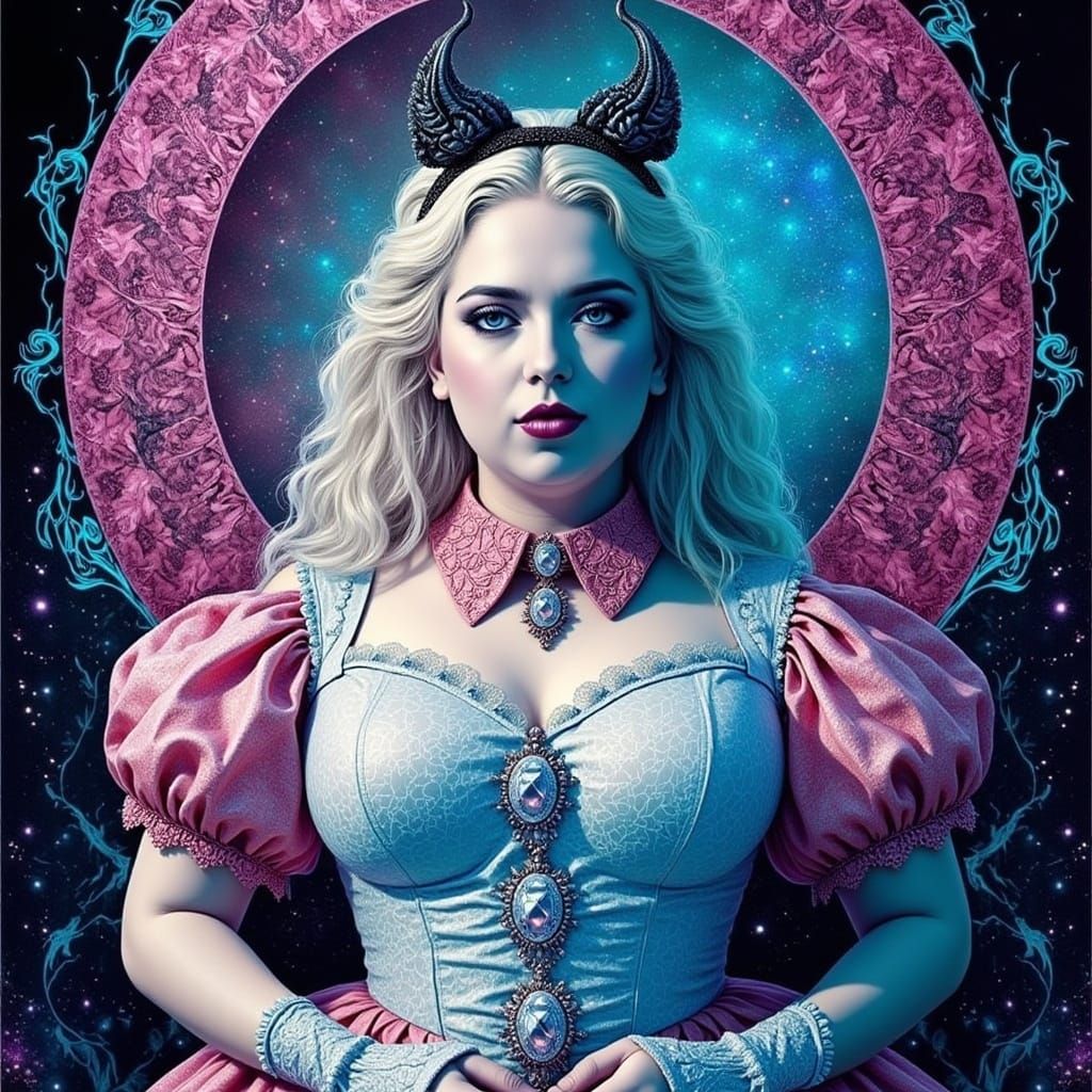 Vibrant Plus-Sized Alice In Wonderland in Psychedelic Oil Pa...