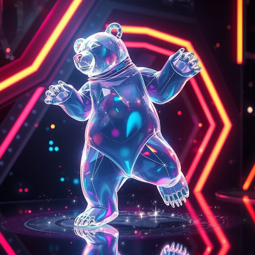 Futuristic holographic image

A dazzling, translucent figure of a dancing Bear

Ethereal and shimmering, with a spectrum...