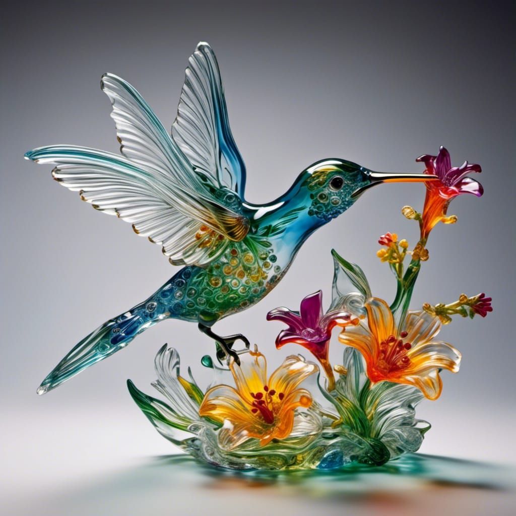 Vibrant Glass Hummingbird Sculpture: Detailed Macro Photogra...