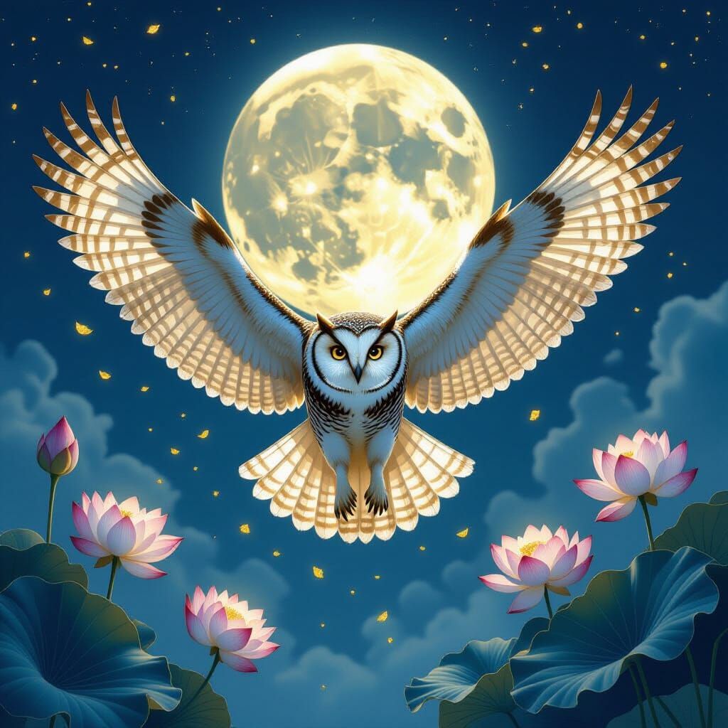 Majestic Owl in Midnight Flight with Moon and Lotus Flowers