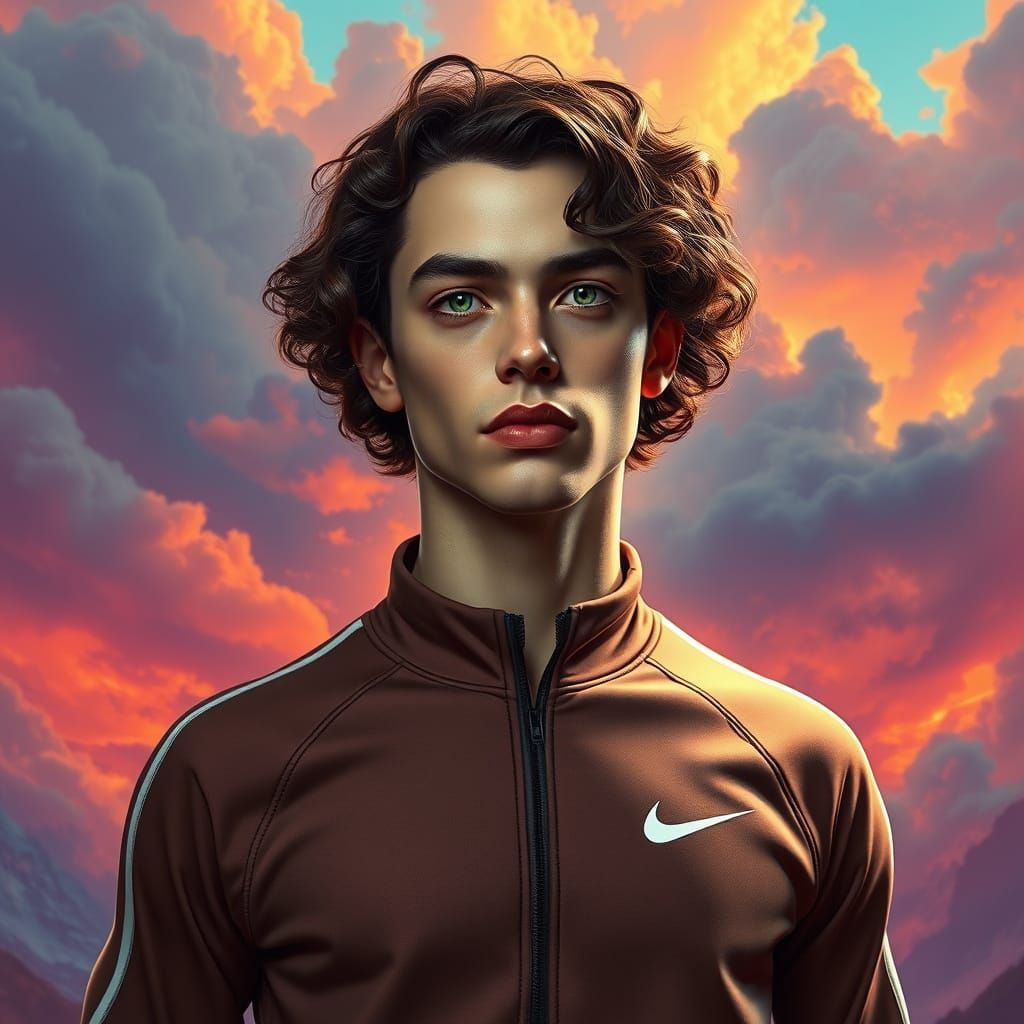 Heroic Figure in Nike Tracksuit, Curly Brown Hair, and Big G...