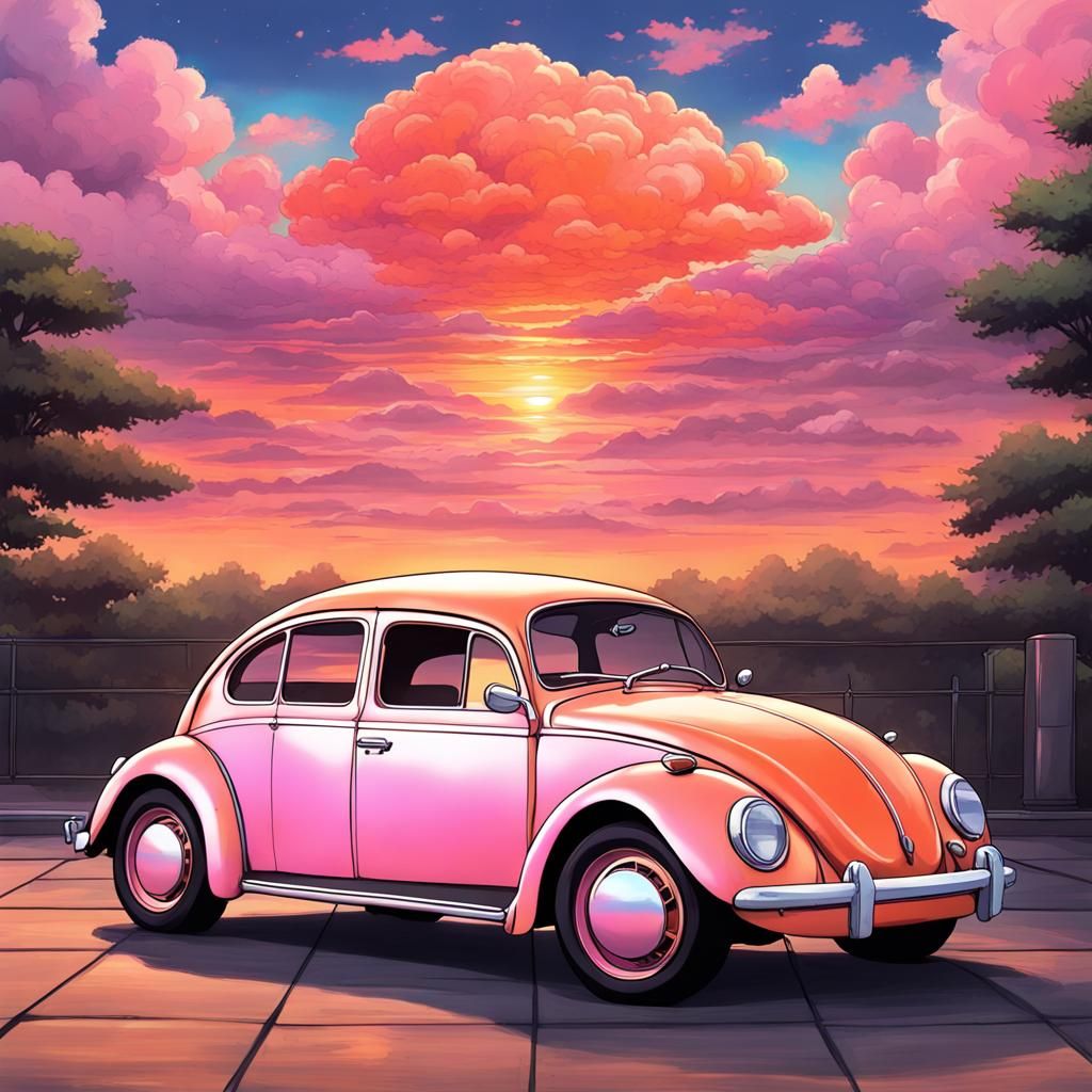Holographic Vintage Beetle in Anime Style