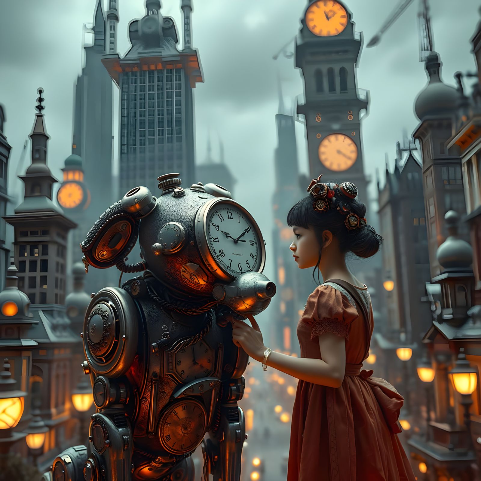 Clockwork Dog Helps Girl in Steampunk City
