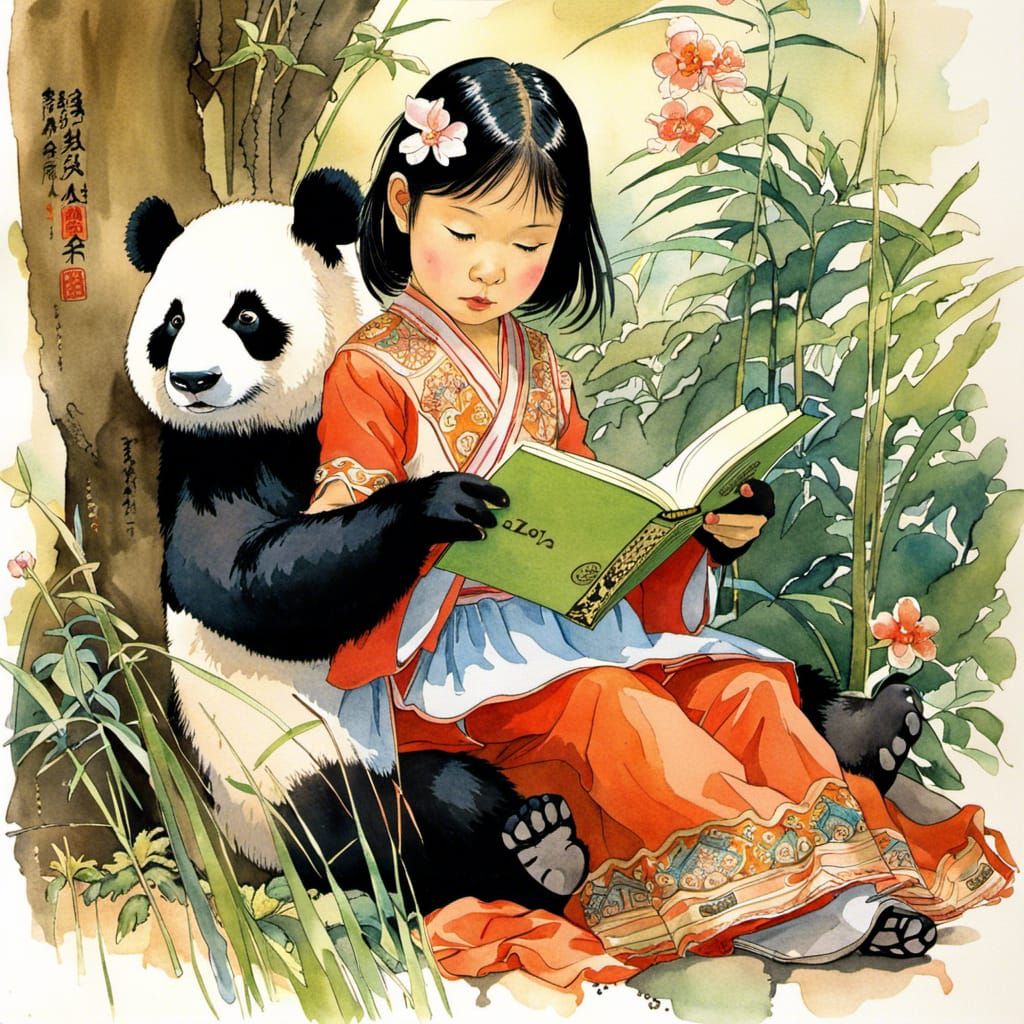 "Papa" Panda shows inquisitive girl the world in books.