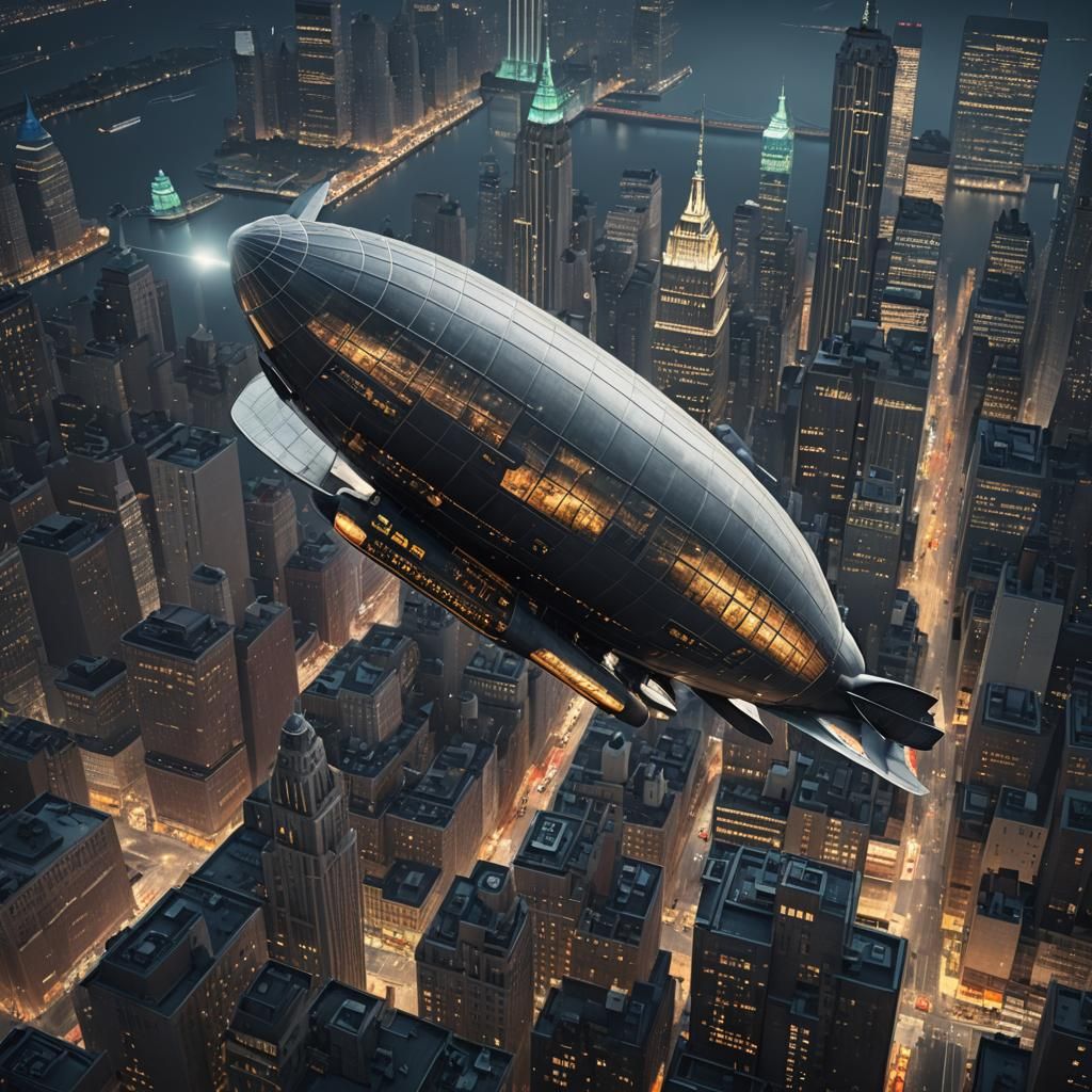 German Zeppelin Over New York at Night