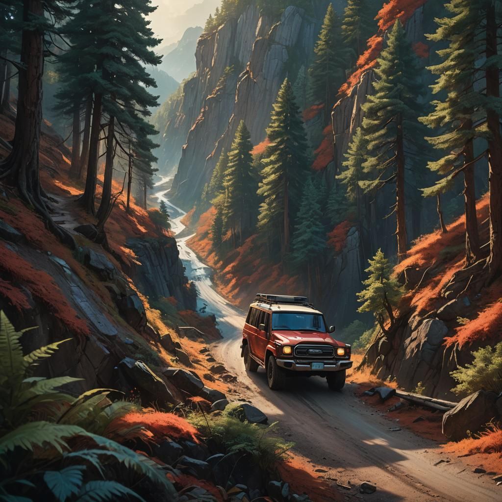 Red Land Cruiser on a Mountain Road in Fantasy Art