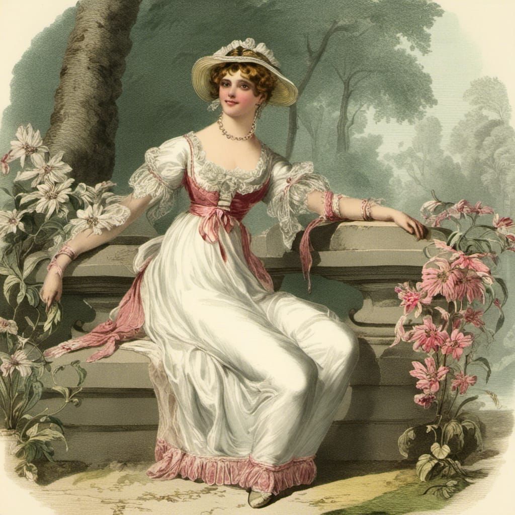 Girl in Regency Dress in Palladian Garden