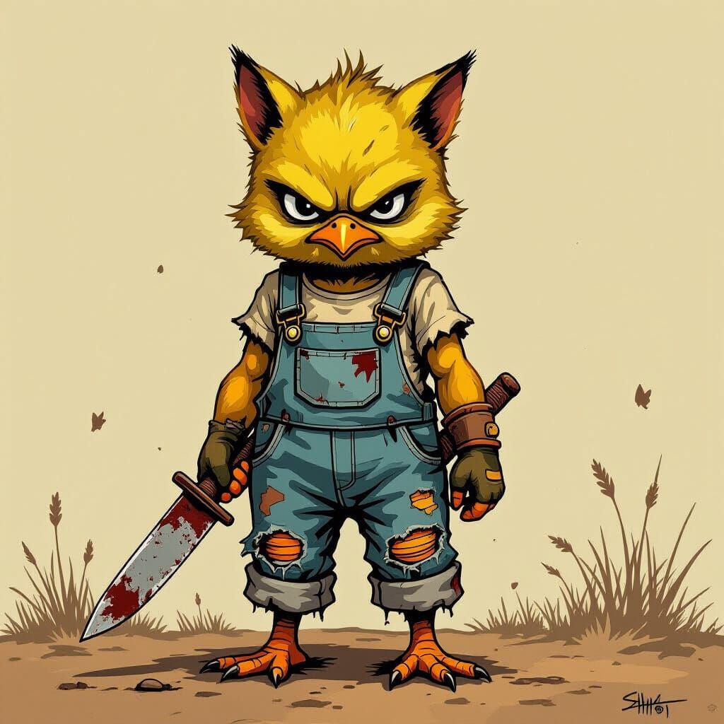 Grumpy Chick with Knife in Comic Style