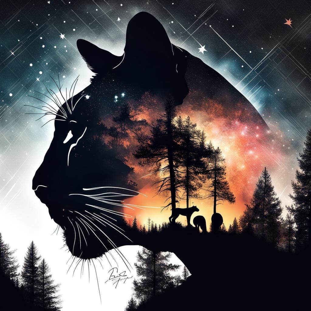 Sunset Silhouette: Cougar Among Stars and Forest