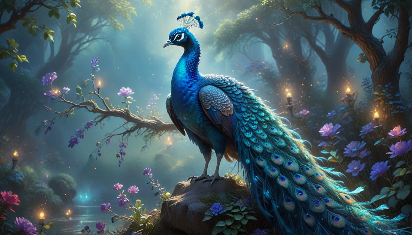 Ethereal Fantasy Peacock in Vibrant, Iridescent Colors