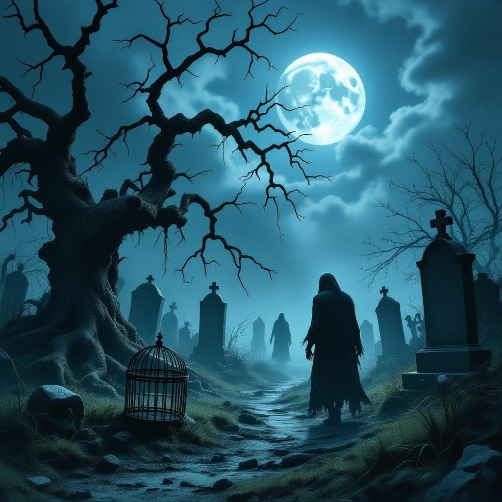 Gothic Zombie in Moonlit Graveyard, Dark Fantasy Art