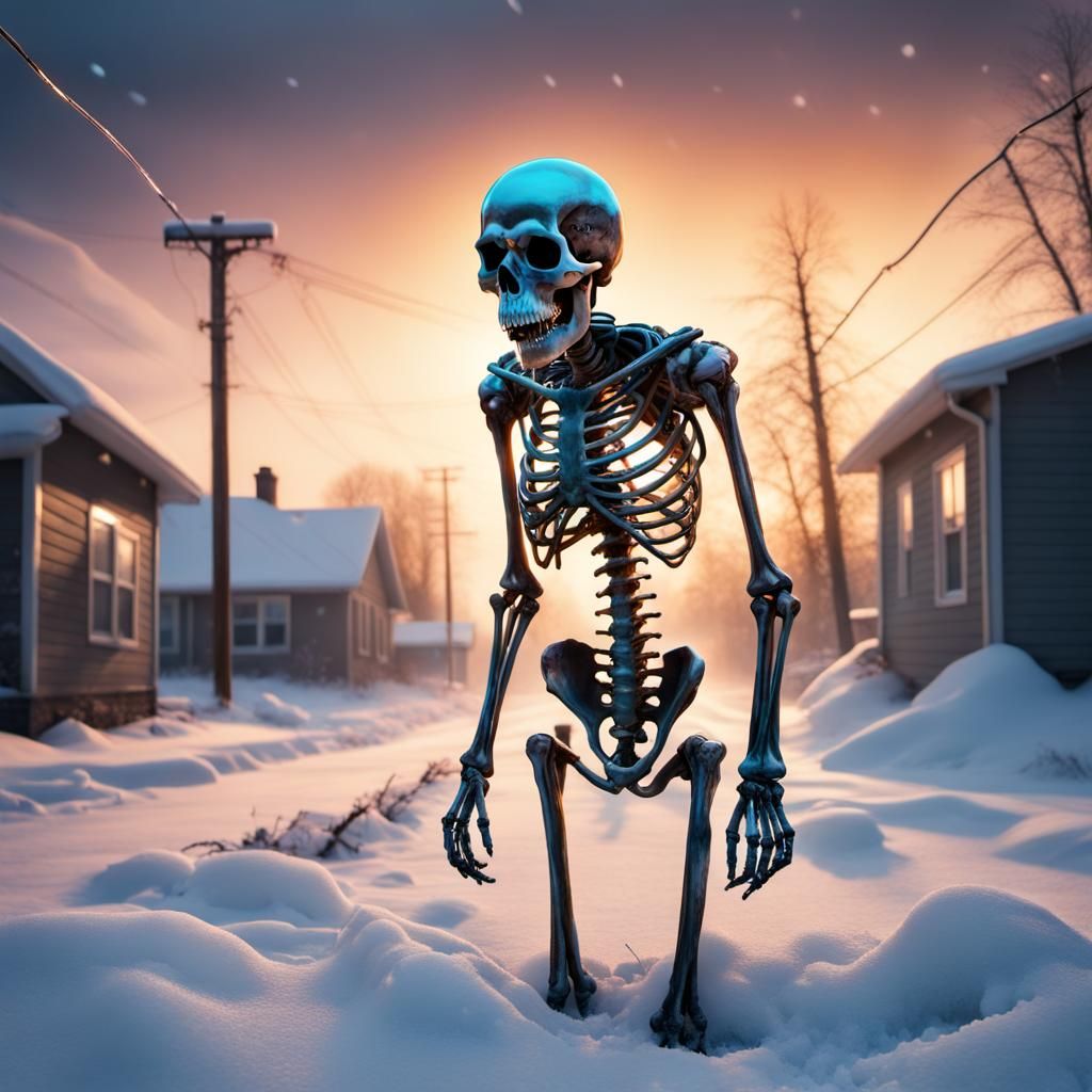 Electrified Skeleton in Winter Snow: Sinister Horror