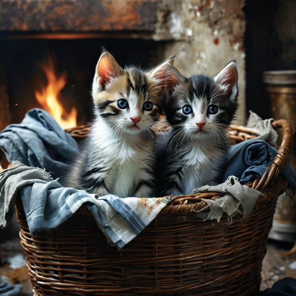Kittens in Laundry Basket: Detailed Matte Painting