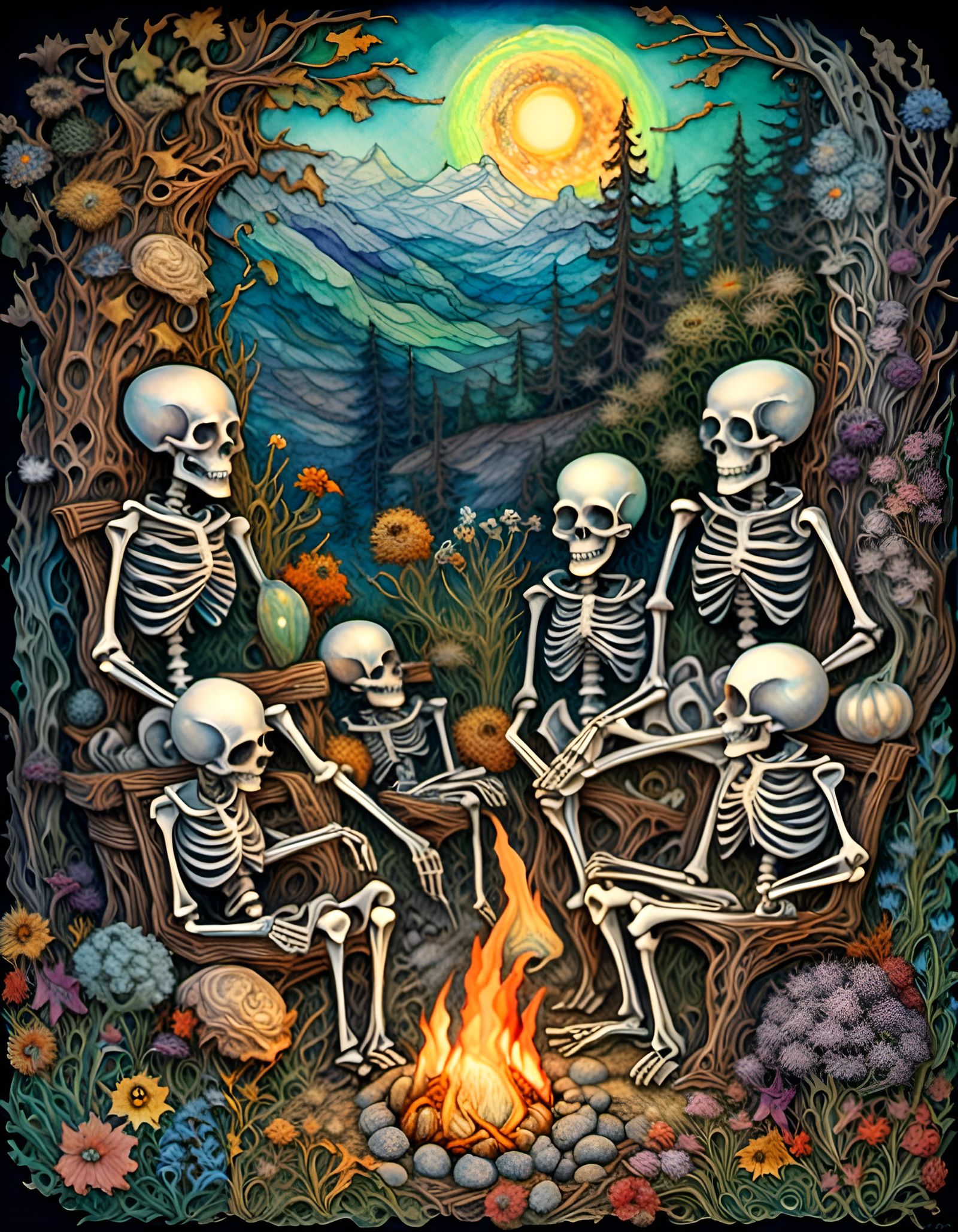 Skeletons Campfire Scene in Expressionist Style