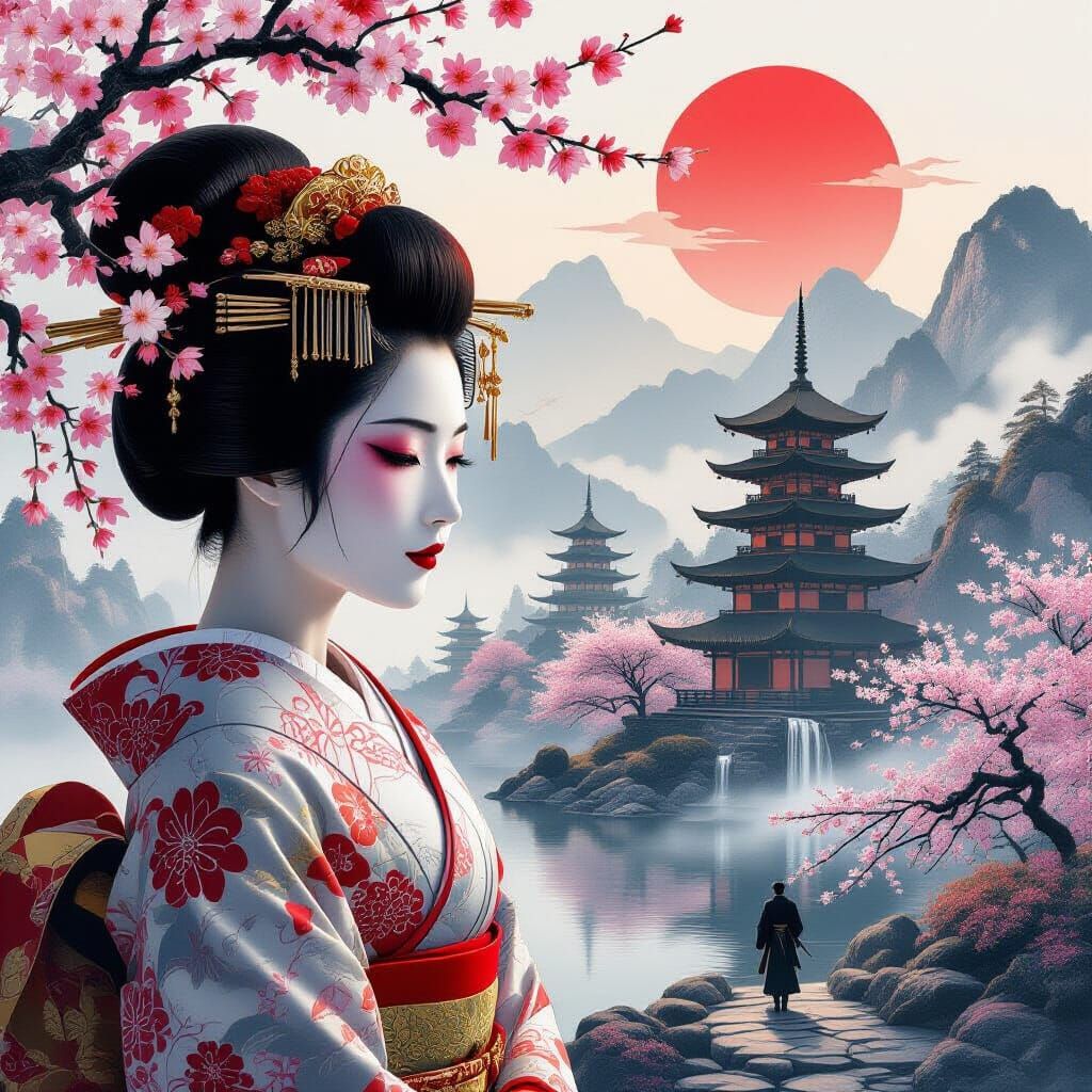 Geisha Merging with Misty Fantasy Landscape in Double Exposu...