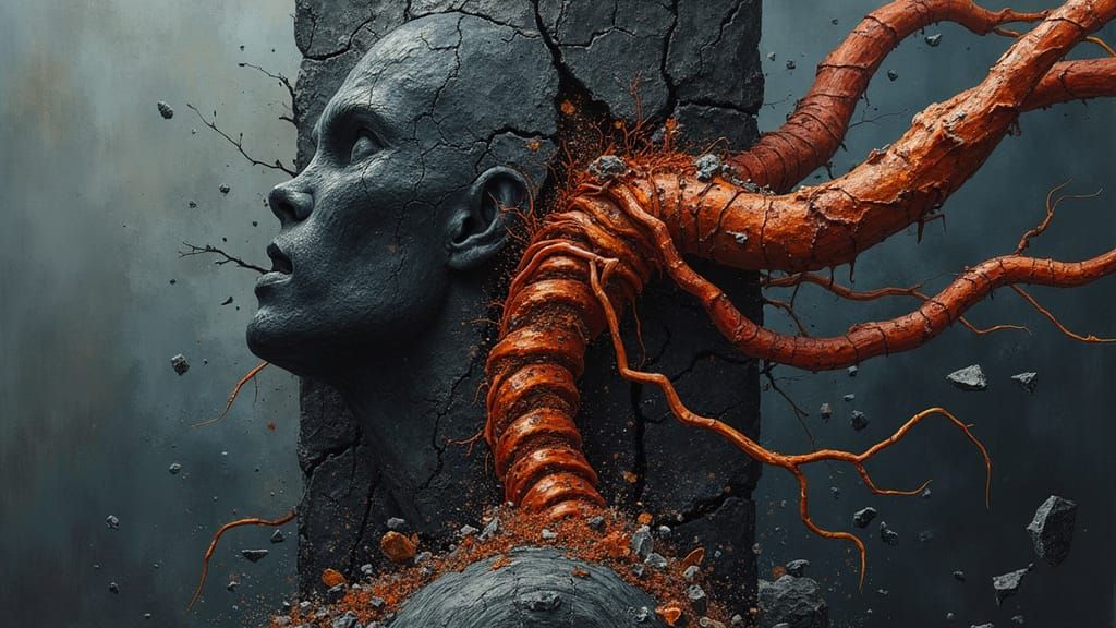 Surreal Industrial Monolith with Biomechanical Core in Molte...