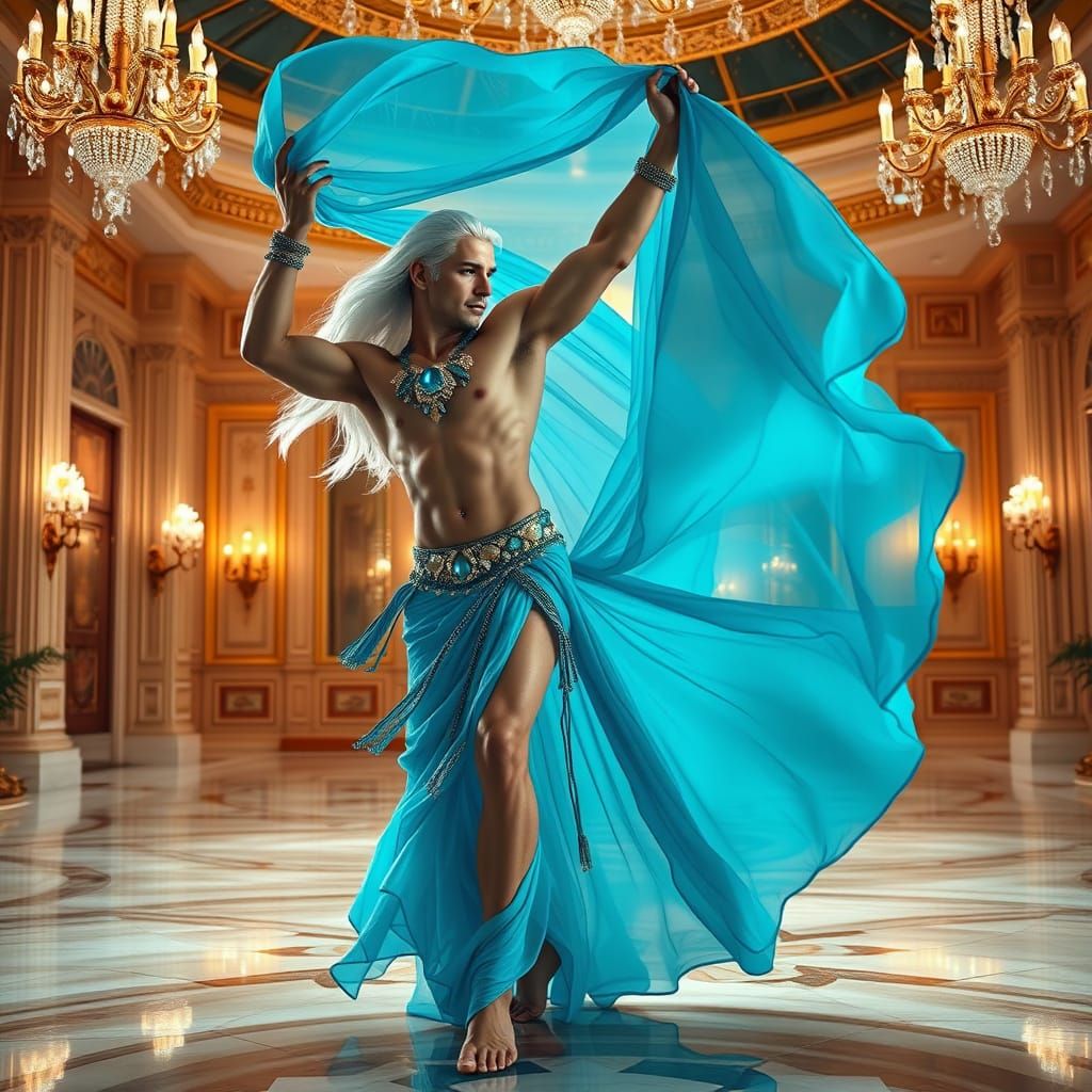 Ethereal Blue Dance in Opulent Ballroom