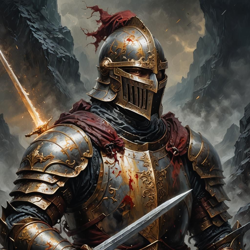 Knight Smashing Sword in Misty Dark Mountains