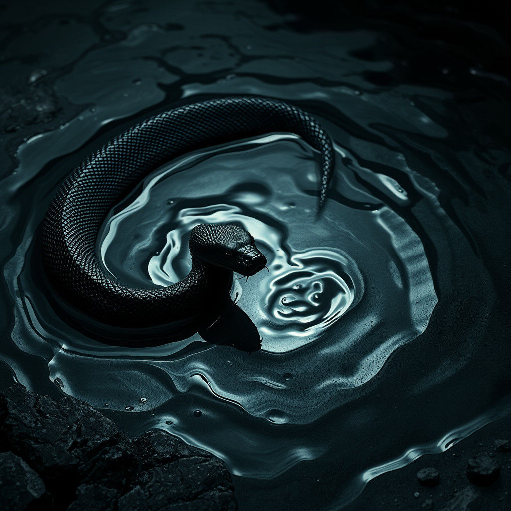 Black Snake Slithering Through Mercury Pool