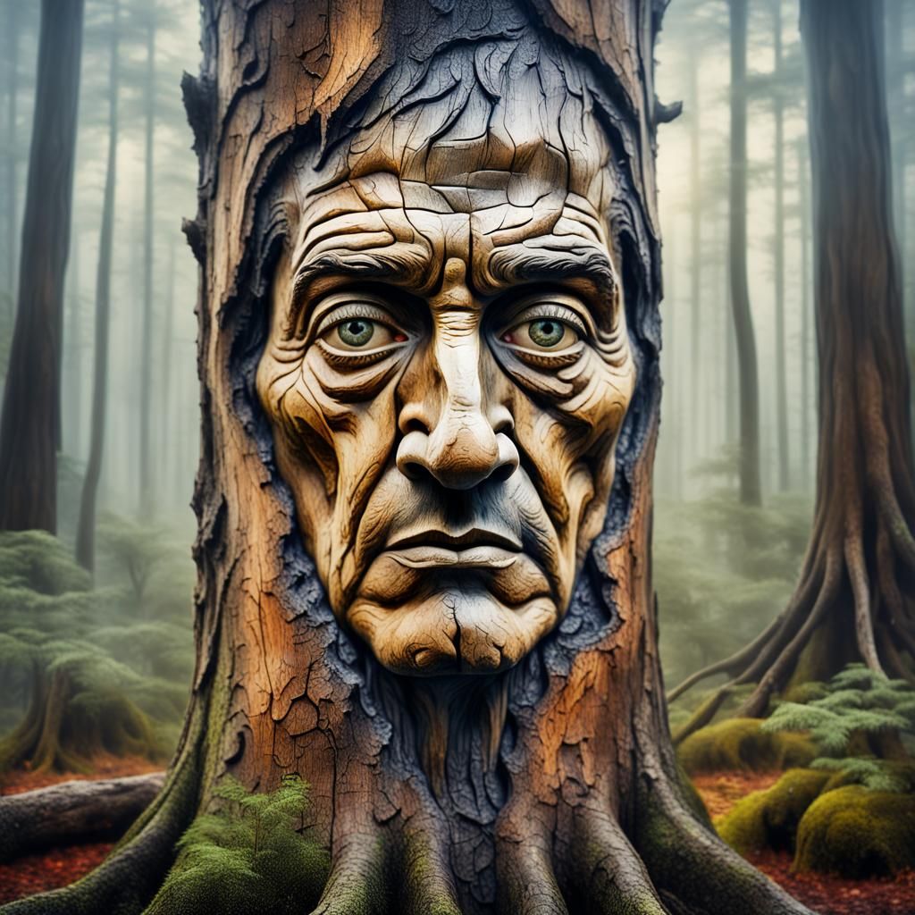 Surreal Tree Man in Forest, Blended Face